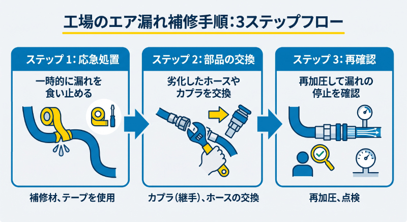 工場のエア漏れの補修手順3ステップ