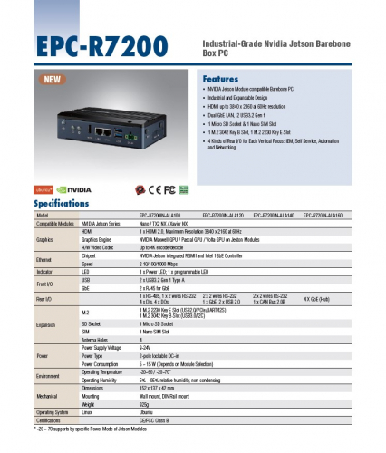 NVIDIA Jetson対応べアボーンPC『EPC-R7200』カタログ（アドバンテック株式会社）